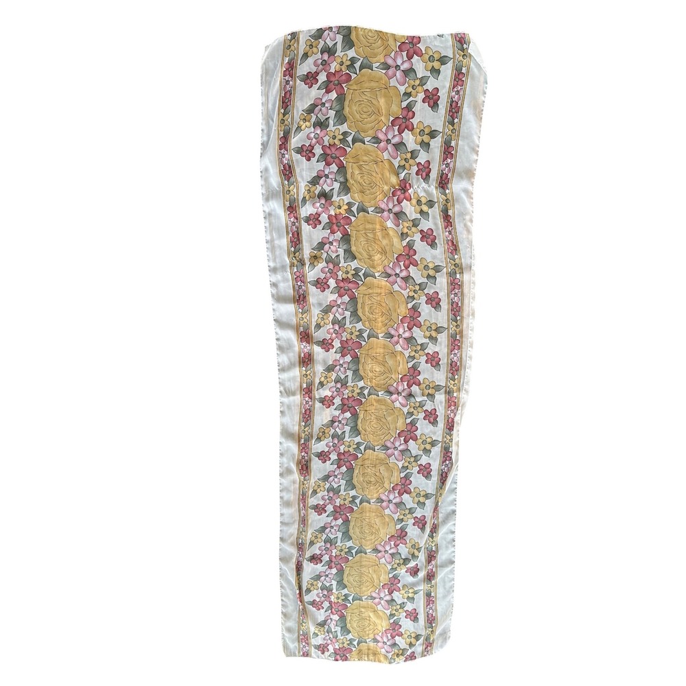 Vintage Floral Sheer Scarf Yellow Roses Pink Flowers Rectangular Boho rave
